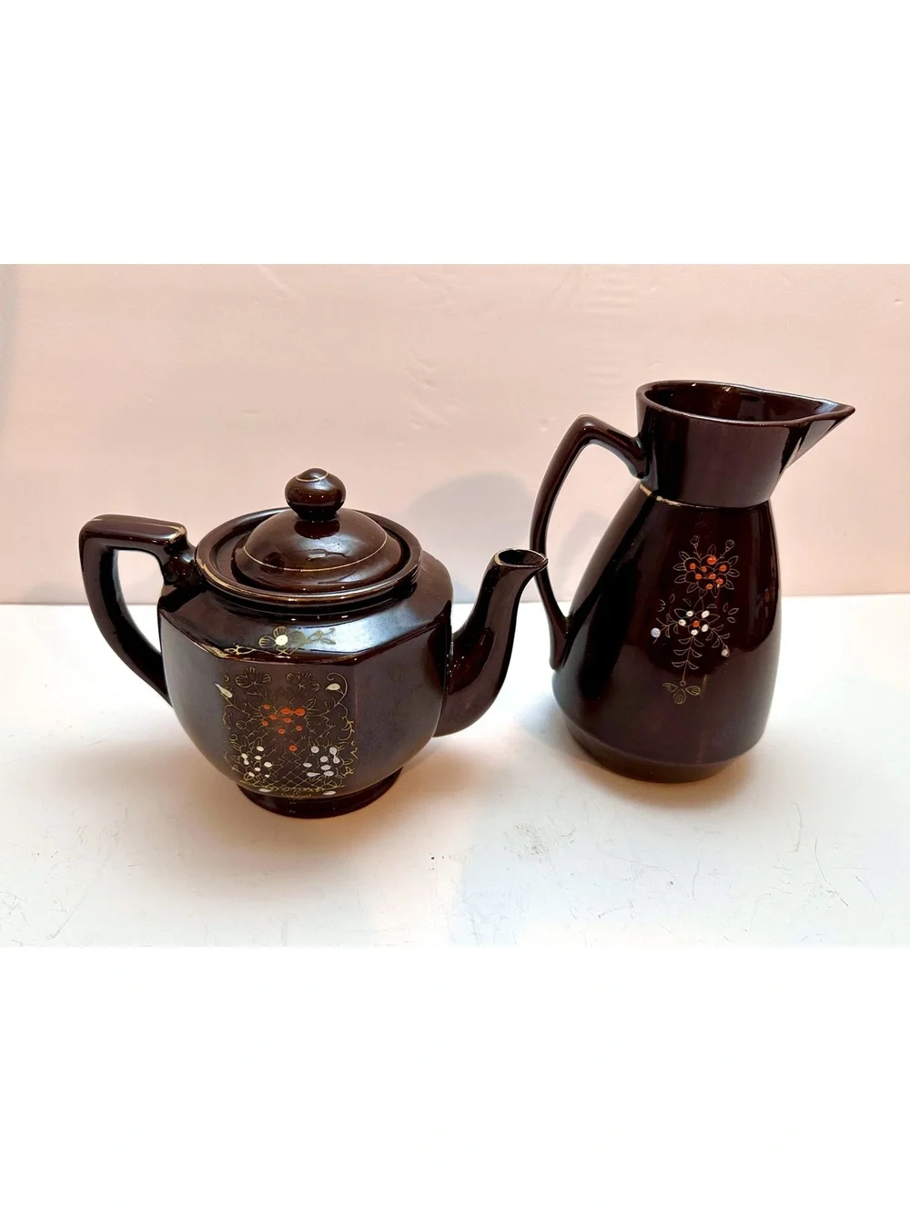 Vintage Japanese Moriage Redware Teapot/Pitcher Hand-Painted Set -